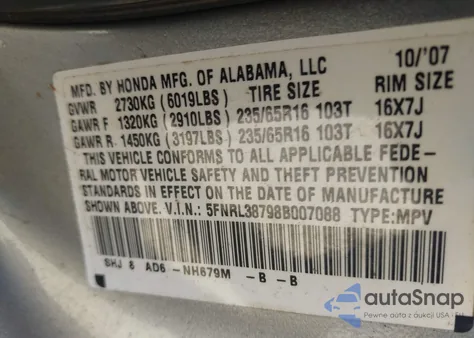 2008 Honda Odyssey Ex-L from USA, damaged, VIN 5FNRL38798B007088